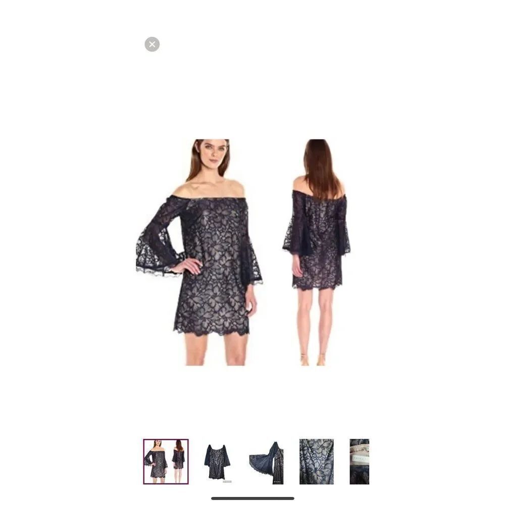 TRINA TURK Navy Akamai Lanai FloralโLace Off the Shoulder Bell Sleeve Dress
